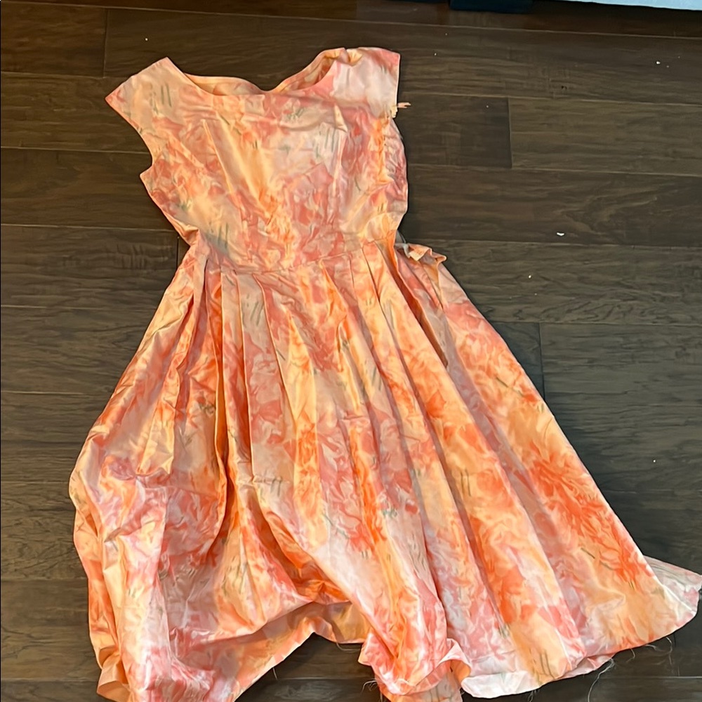 Elegant Pink and Orange Floral Dress-damaged, very vintage, re used or repaired